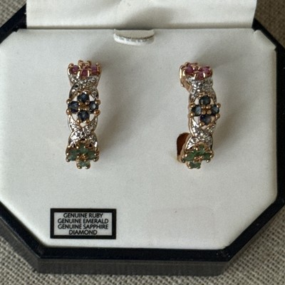 Rubin Smaragd Saphir Diamant Floral Cluster Halb Creolen 18K GP 925