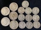 Lot of 5 Silver Peace Dollars and 10 Walking Liberty Half Dollars