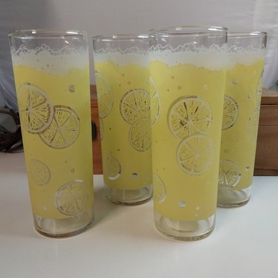 Vintage Fred Press Set of 4 Lemonade Highball Glasses Yellow Citrus 6.5'' MCM