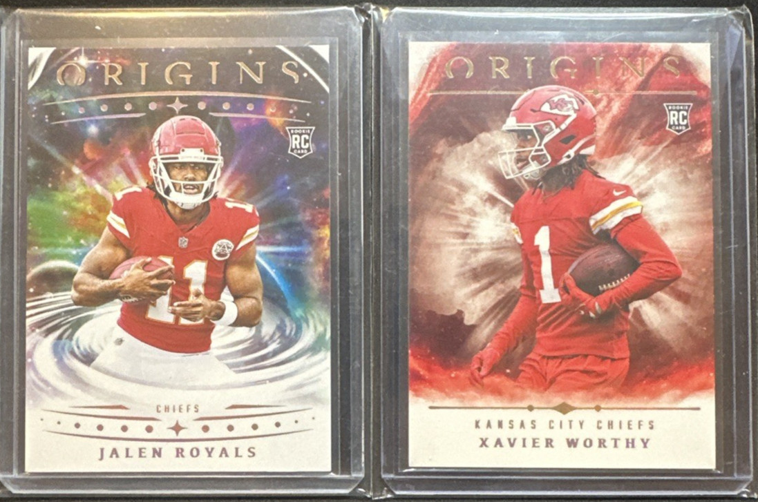 (2) Origins Rookies 2024 Xavier Worthy #150 (RC) & 2025 Jalen Royals RC #128
