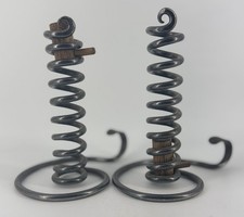 Pair of Spiral Courting Candlesticks, Wrought Iron Metal & Wood peg 6 inch