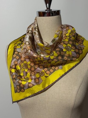 Vera Neumann Yellow Brown White Floral Retro Square Scarf- Signed Ladybug VTG