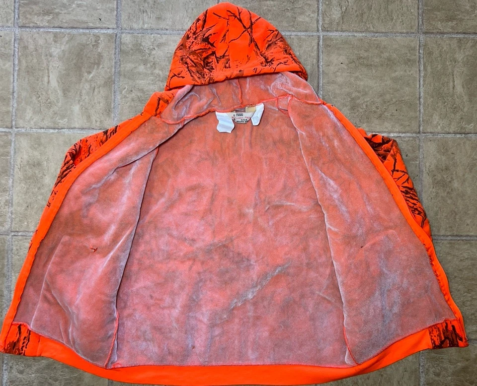 Vtg Walls Blizzard Pruf Mens Med/Large Orange RealTree Camo Velour Lined Hoodie - Image 2 of 4