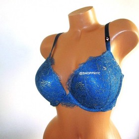 Victoria Secret Very Sexy Push-Up Bra set V-String panty Blue Sapphire Lace 38D