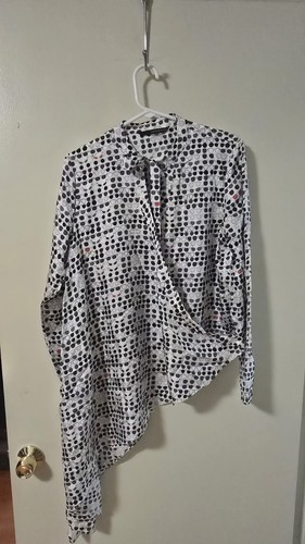 Thomas Wylde Sunglass Print Tie Neck Wrap Front Asymmetric Silk Blouse Top S