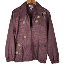 VTG Alfred Dunner jacket womens size 12 purple with embroidered flowers zip up
