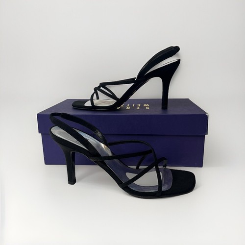 STUART WEITZMAN BLACK PEAU FABRIC STRAPPY STILETTO SANDALS SIZE US 7