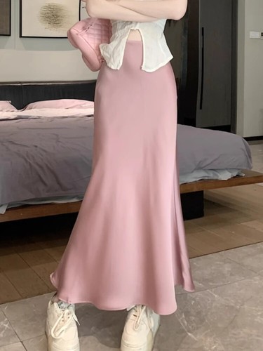 Summer Skirt Women's Long Skirt Silk High Waisted Slim Solid Midi Skirts - Picture 4 of 27