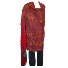 Shawl | Wool + Modal | Geometric | Handloomed | Oversize | Tomato Red & Blue