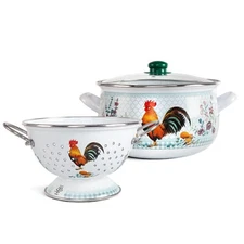 ROOSTER Enamelware Pasta Set - 6.5 qt Enameled Stockpot and Colander