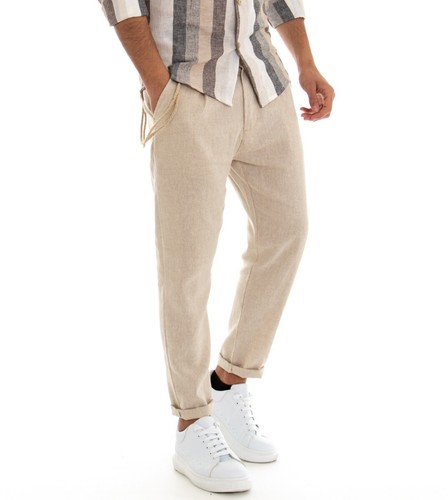 Pantalone Uomo Misto Lino Viscosa Tinta Unita Beige Tasca America Cavallo  Bas | eBay