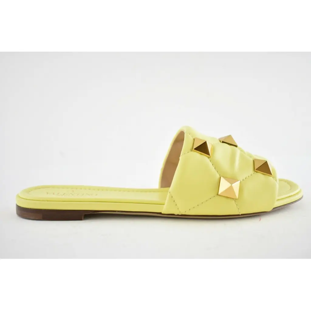 Valentino Rockstud Roman Stud Lime Yellow Leather Quilted Slide