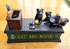 Cast Iron Cat & Mouse Mechanical Coin Bank Vintage Reproduction