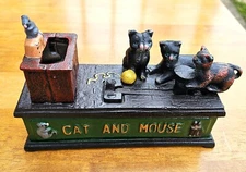 Cast Iron Cat & Mouse Mechanical Coin Bank Vintage Reproduction