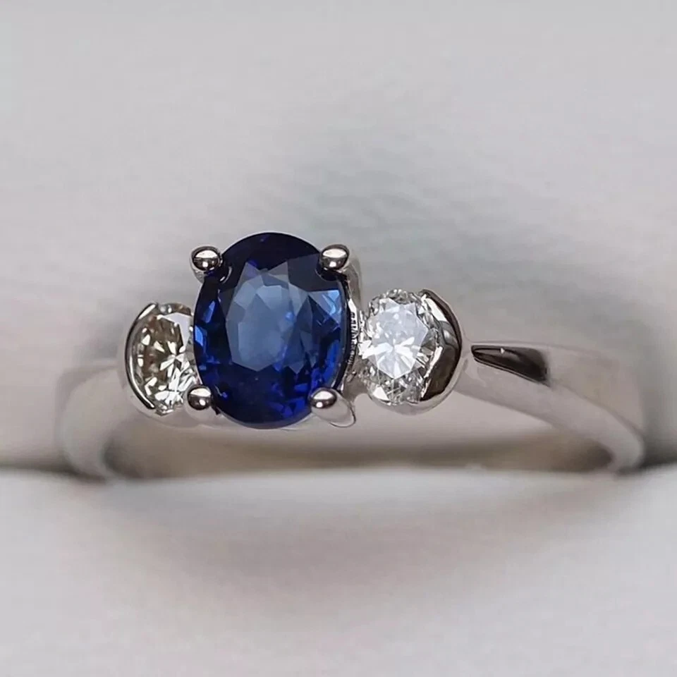 2ct Oval Cut Blue Sapphire Three Stone Diamond Trilogy Ring 14k White Gold Over - Image 4 of 4