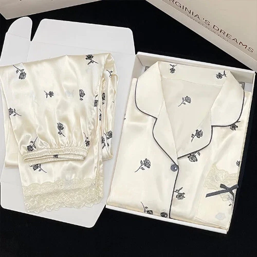 Pijama Seda Hielo Mujer Pijama Primavera Manga Larga Hogar Set - Imagen 46 de 49
