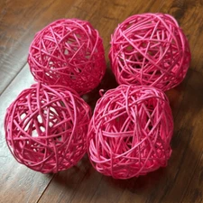 (4) Pink 4” Wicker Rattan Balls Decorative Orbs Vase Fillers