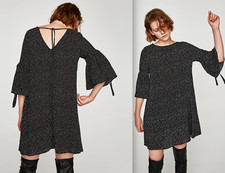 Zara printed dots DRESS WITH FRILLED SLEEVES & back tie-sz XS-black/ecru-NWT