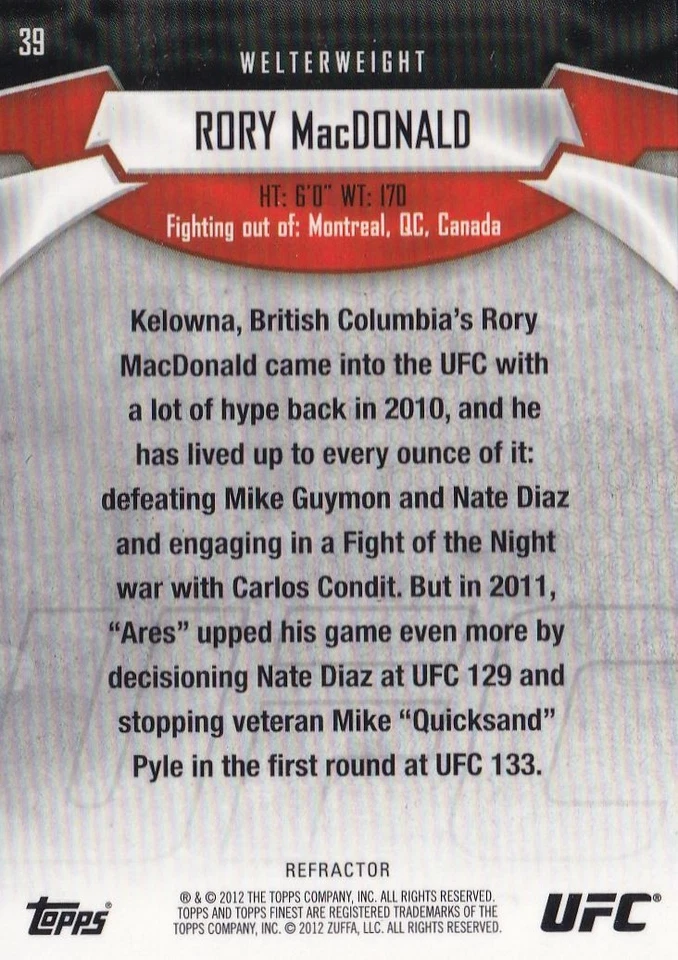 Rory MacDonald 2012 Topps Finest UFC Refractors Card #39 115 129 133 145 167 Fox - Image 2 of 4