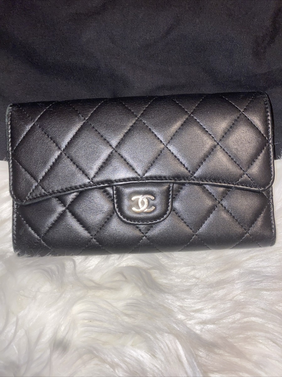 CHANEL Classic Flap Wallet Black Lambskin Leather Certified 100