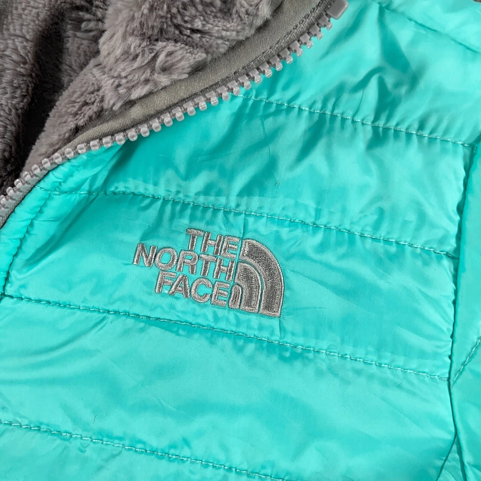 Chaqueta North Face Niñas Grande Verde Gris Reversible Mossbud Remolino Puffer Polar Foto 3 de 4