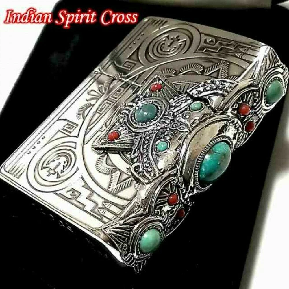 Zippo Indian Spirit Cross Silver Metal Plating Turquoise Coral