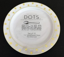 NEW SET OF TEN DOTS,WHITE PLASTIC WITH GOLD POLKA DOTS & TRIM 7.5" SALAD PLATES