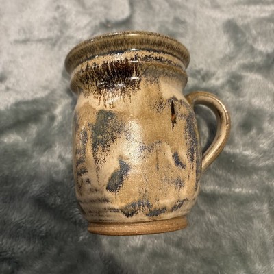 Studio Pottery Mug Drip Glaze Blue Brown Tan Cup Tea Coffee