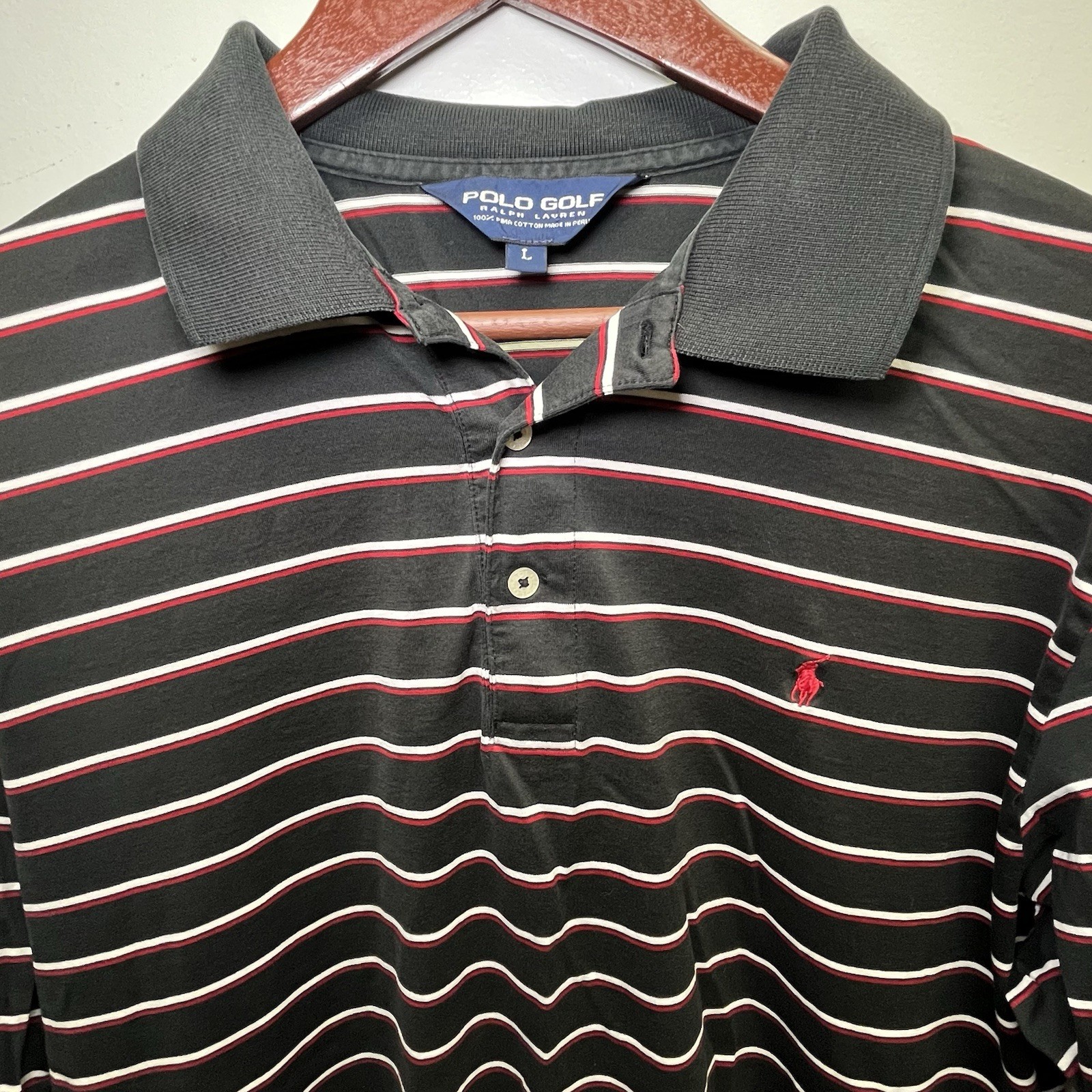 Polo Golf Ralph Lauren Uomo L SS Nera Camicia a Righe Rosso Pony Pima Cotone. H10