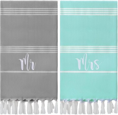 Mr Mrs Turkish Beach Towels 2 Pc Wedding Honeymoon Gift Set (Grey, Lake Blue)