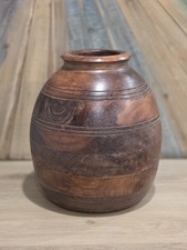 Solid Wood Vessel Rustic Carved Vase 11" Brown Boho Farmhouse Decor