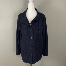 Talbots Navy Blue Utility Jacket Size L Pockets Zip/Button Front Cotton Tencel