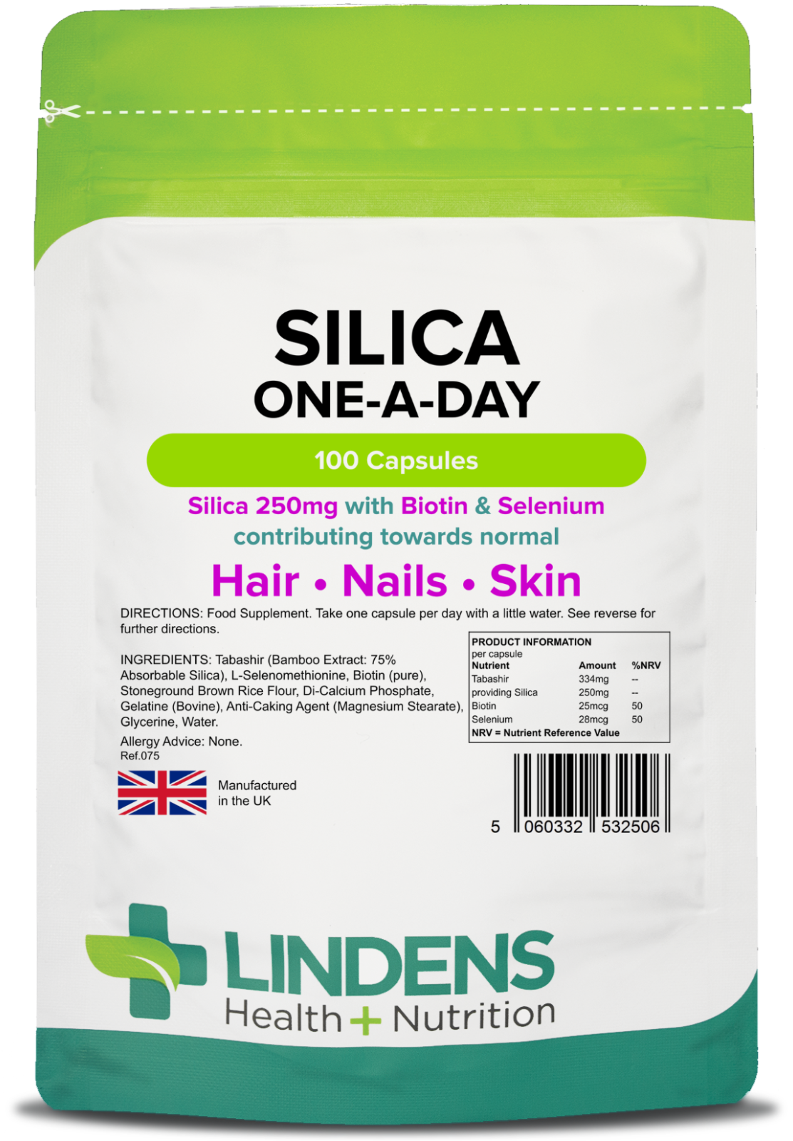 Lindens Silica 250mg | 100 Capsules | Hair Skin Nails | Added Biotin & Selenium
