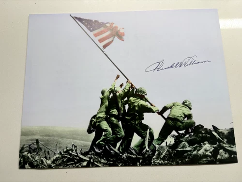 2 X photo prints / Iwo Jima Flag Raising / WW2 / Hershel "Woody" Williams signed
