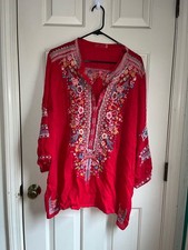 Johnny Was Bethanie Red Silk Embroidered Tunic Blouse