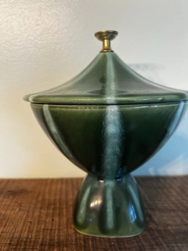 Hull Green Vintage Pedestal Covered Candy or Compote Dish
