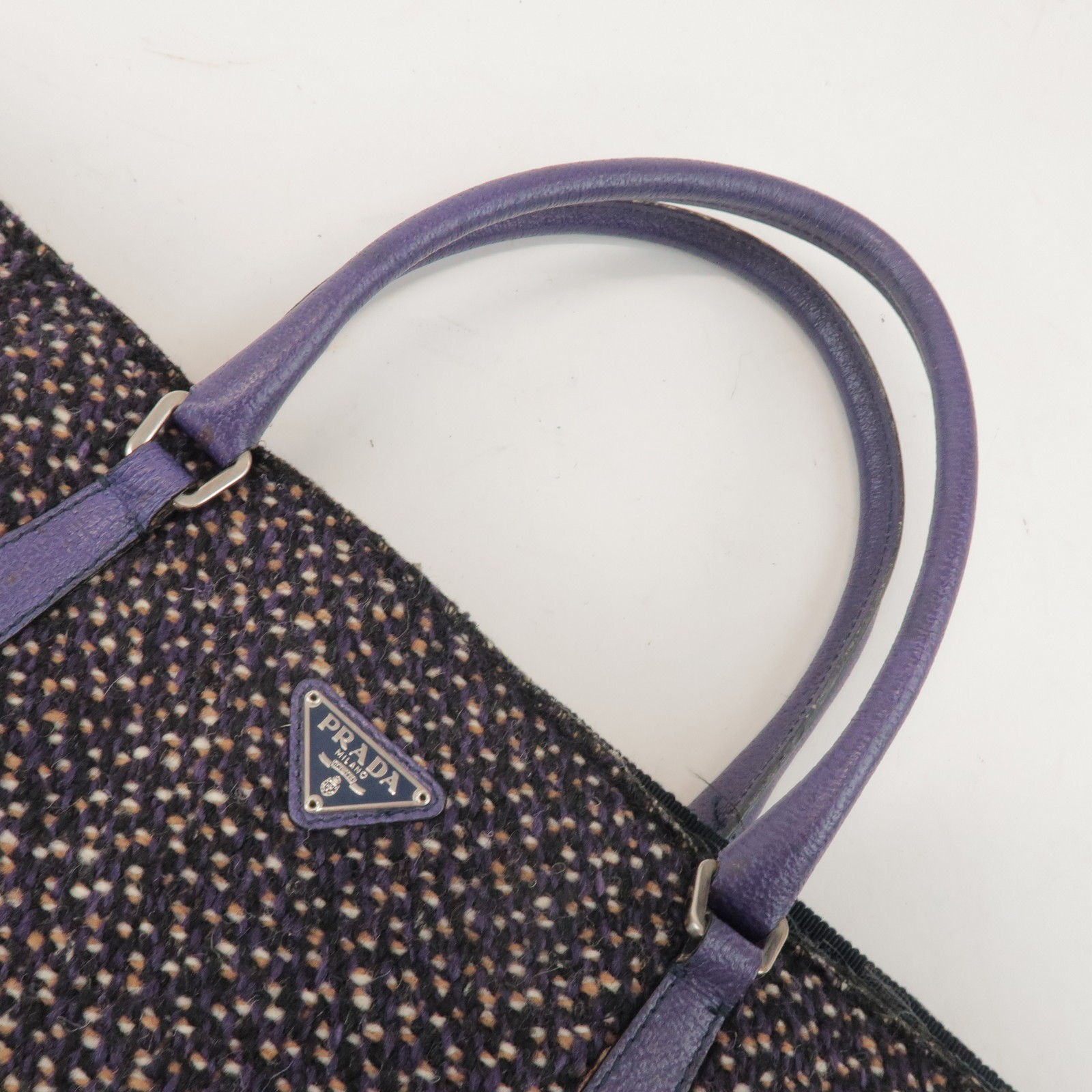 PRADA Triangle Logo Wool Leather Tote Bag Hand Bag Purple Authentic Used F/S image 6
