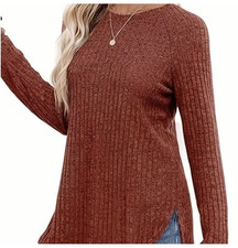 Brown Rib-Knit Crew Neck Long Sleeve Lightweight Pullover Sweater Women s M