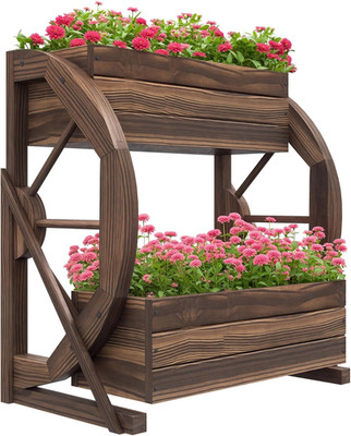 Outsunny 2-Tier Raised Garden Bed, Wooden Wagon Planter Boxes with Drainage Hole