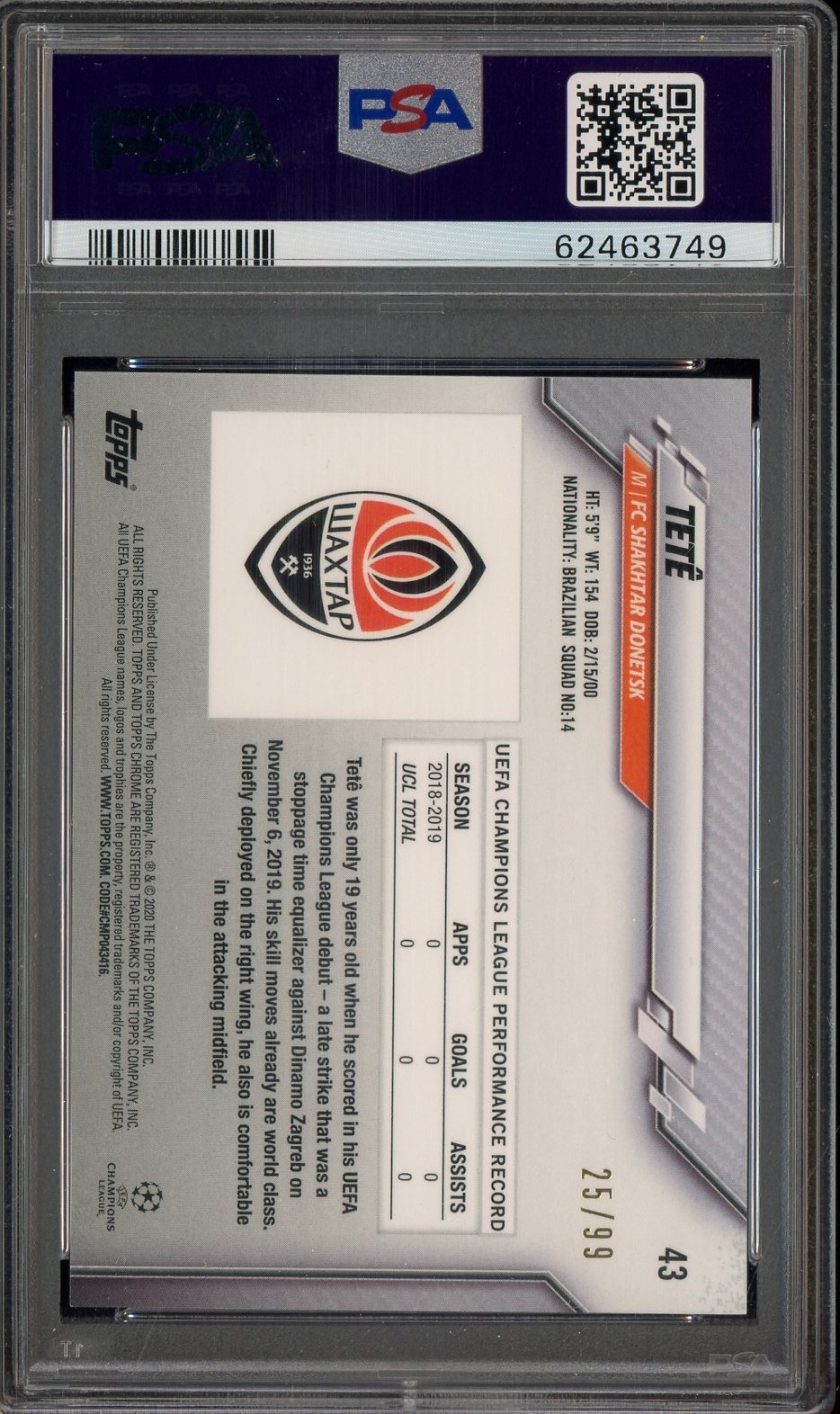 2019-20 Topps Chrome UCL Soccer Sapphire Edition Yellow #43 Tete RC /99 PSA 9 view 2