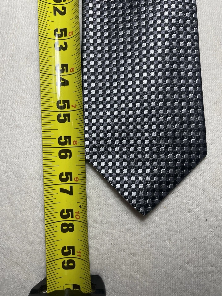 Murano Silk Tie Black & Silver Geometric Check Pattern 100% Silk Classic Necktie - Image 3 of 4