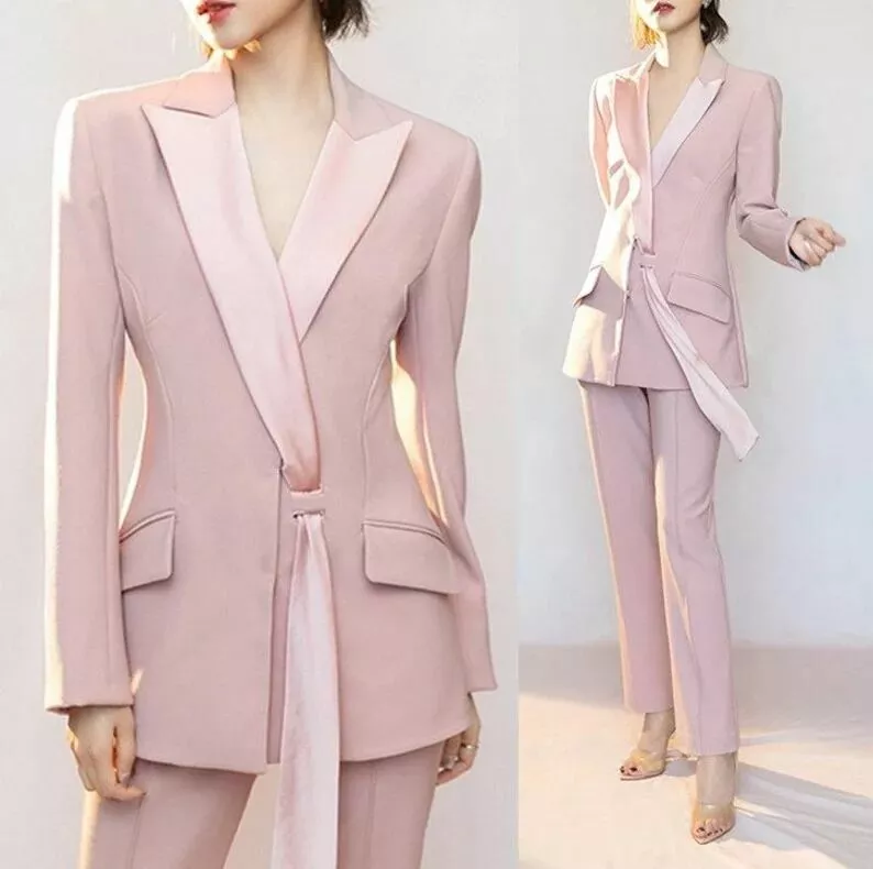 Pink Women Suits Business Office Party Prom Tuxedo Slim Fit Blazer Pants  Outfits