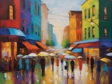 Impressionistic City Street Scene People Buildings Poster Art Print 18 x 24 D