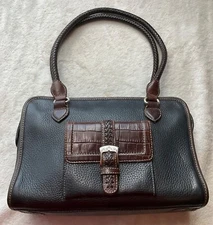 Vintage Brighton Black & Brown Leather Satchel Shoulder Bag Crock Embossed Y2K