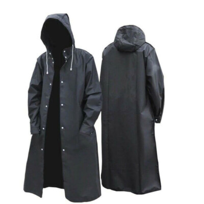 Men Raincoat Waterproof Long Black Rain Coat Trench Jacket Hooded Outdoor Hiking