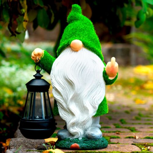 Garden Gnomes 11.8x7.9, Gnomes with Solar Lantern, Middle Finger Gnome - Picture 3 of 8