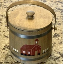 Basketville Firkin Wood Bucket Lid Liner Ice Sugar Pantry Painted Church 1950s