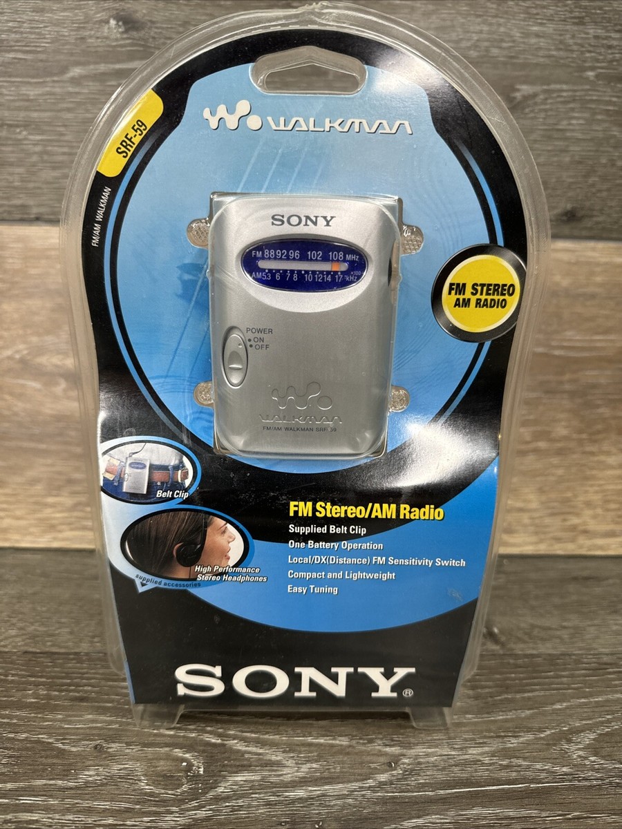 Sony SRF-59 AM/FM Walkman Radio Silver W/ Headphones/Belt Clip