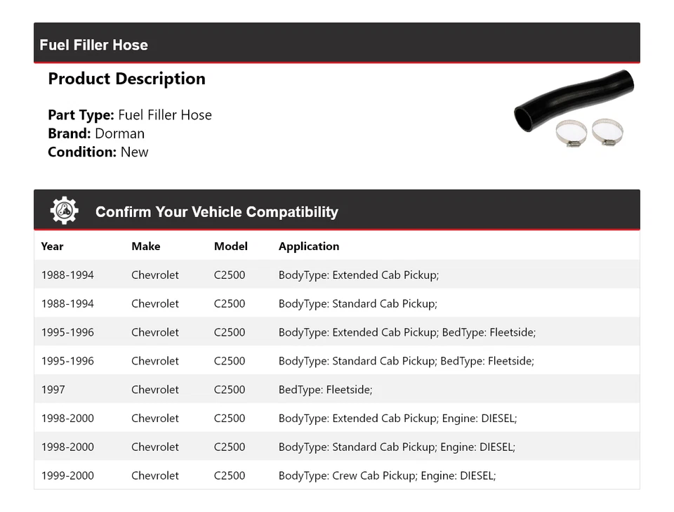 Manguera de llenado de combustible para Chevrolet C2500 Dorman 1988-2000 1989 1990 1991 1992 1993 Foto 2 de 4