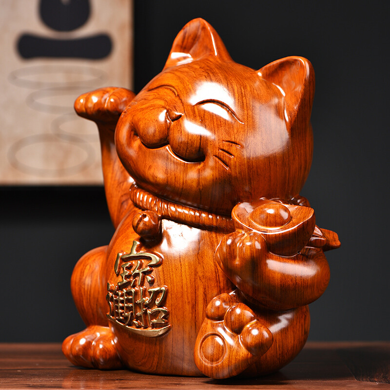 15cm Tradition Rosewood Maneki Neko Carved Statue Lucky Cat Feng